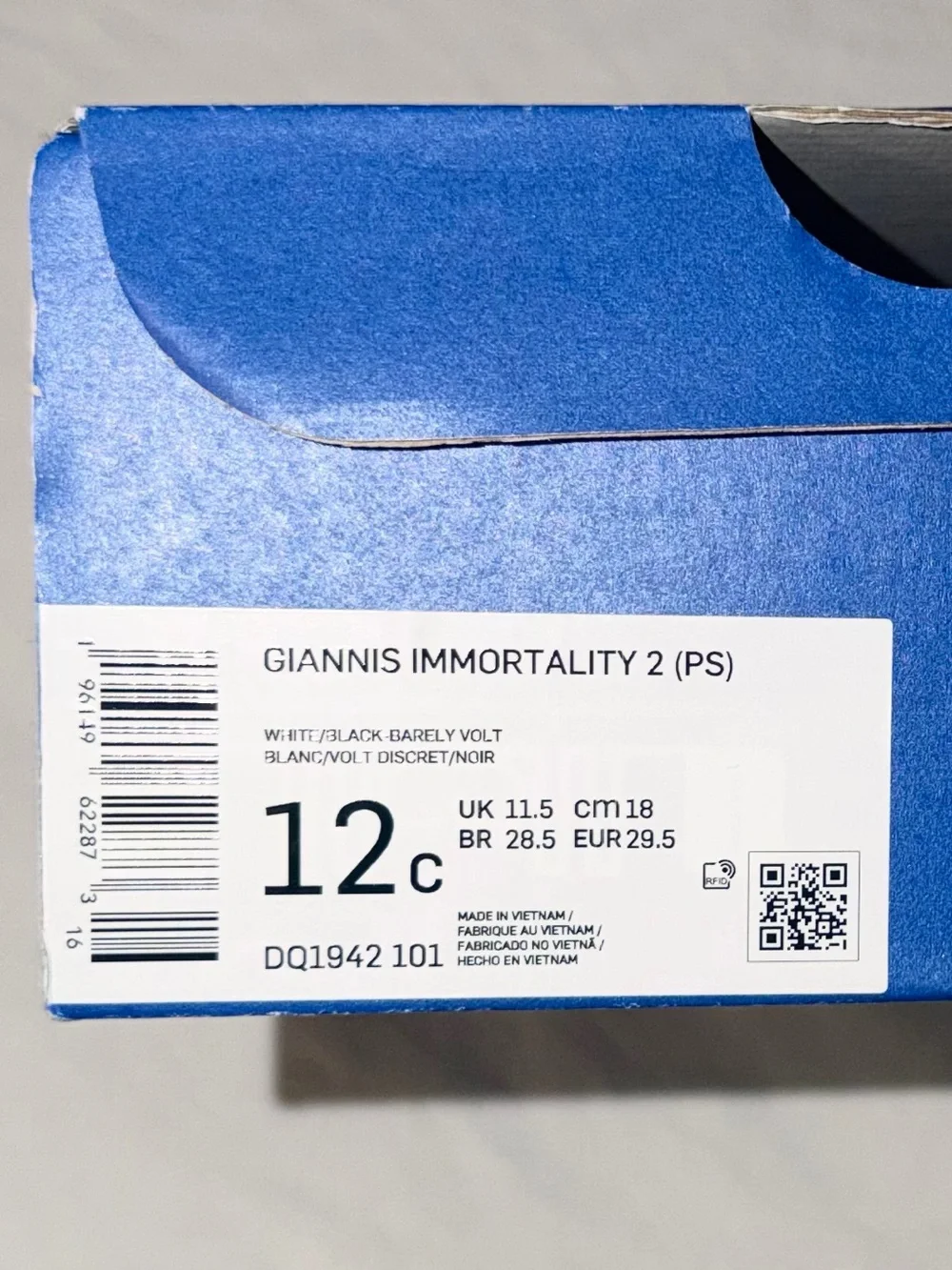 Nike Giannis Immortality 2 White Black Barely Volt (PS) Sneakers 12c